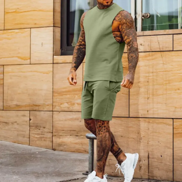 Conjunto de chándal sin mangas de verano para hombre, pantalones cortos deportivos informales lisos con cordón - 1