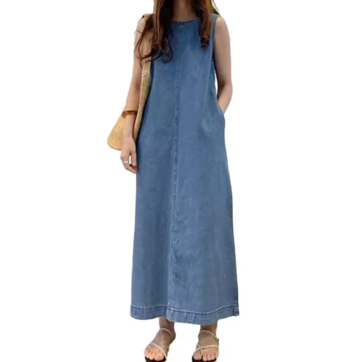 Elegante Vestido Maxi de Tela Suave Color Sólido, Cuello O, Largo al Tobillo, Bolsillos para Mujeres Ideal para Citas - 1