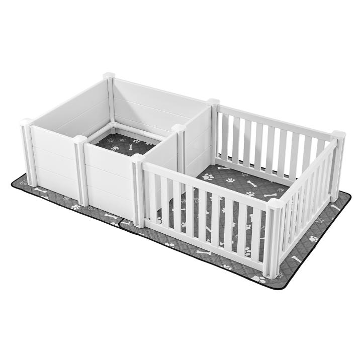 SucceBuy Caja de parto de plástico para perros, 1854,2 x 965,2 x 500,38 mm, puerta de altura ajustable, corralito para cachorros con almohadilla impermeable, kit de parto para mascotas de interior fácil de limpiar y duradero para perros medianos