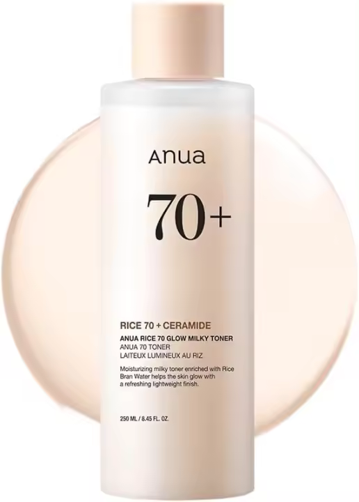 ANUA 70 Glow Milky Toner, para piel de vidrio, agua de arroz, niacinamida, ceramidas, pantenol, sin fragancia, no comedogénico, hongos - 1