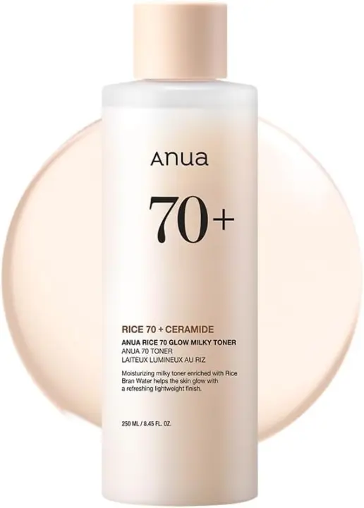 ANUA 70 Glow Milky Toner, para piel de vidrio, agua de arroz, niacinamida, ceramidas, pantenol, sin fragancia, no comedogénico, hongos - 1