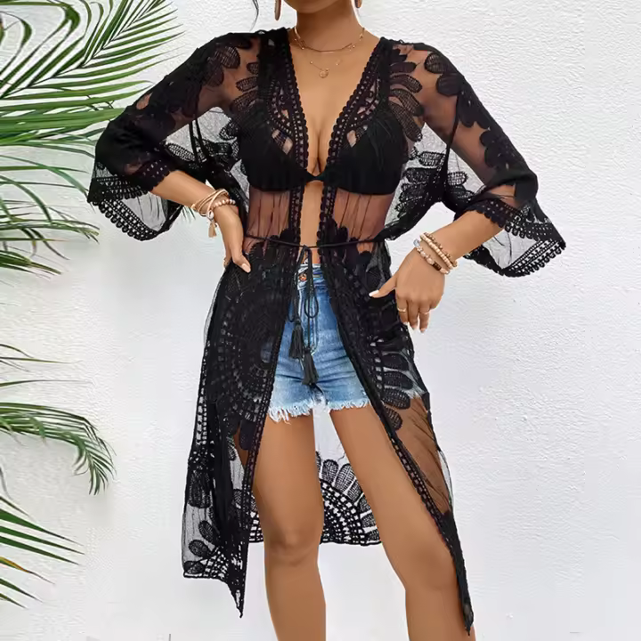 Manga de Kimono de Chiffon Bordado Boho Vestido de Playa para Mujeres Primavera/Verano 21 - 1