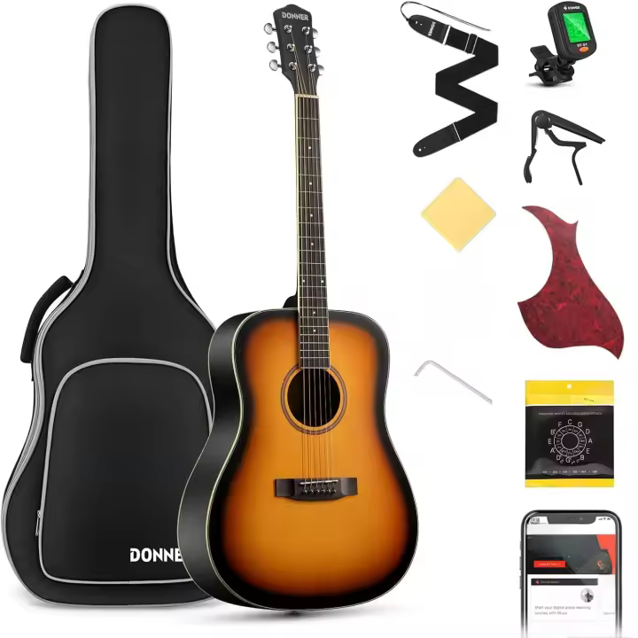 4/4 de Adulto Guitarra Acústica Kit 41 Pulgadas Dreadnought de Principiante con Cuerde Afinador Cejilla Sunburst - 1