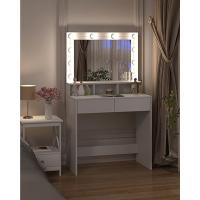 Tocador de Maquillaje con Luz LED y Espejo Grande, Mesa de Tocador con 2 Cajones y 3 Compartimentos Abiertos, Mueble de Dormitorio de Estilo Moderno, Blanco - details 3