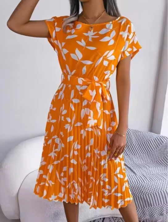 Ropa de mujer Primavera Verano Nuevo Vestido de manga corta con lazo floral Falda plisada - 1