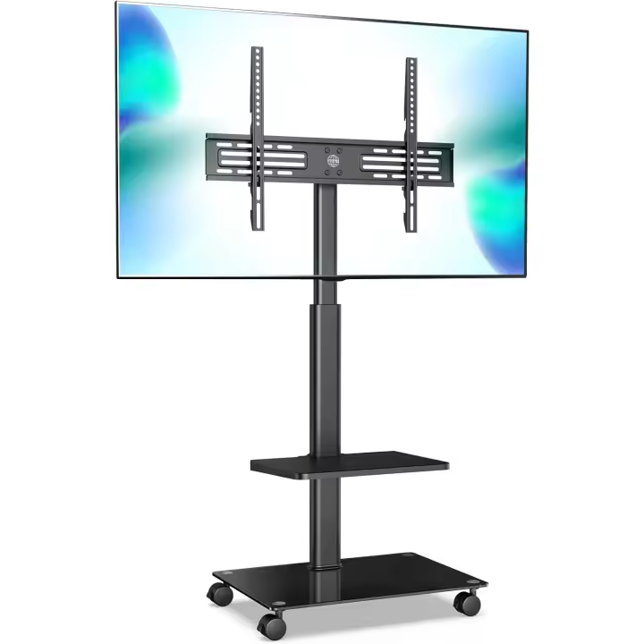 Soporte TV Pie Ruedas para Pantallas de 32 a 60 Pulgadas,con Función Giratoria,Ajuste de Altura,MAX VESA 600*400mm,Soporte TV Suelo Móvil con Gestión de Cables,Base de Cristal,con Estante - 1