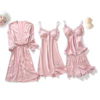 Conjunto de pijama de 5 piezas para mujer, ropa de dormir de satén Ence, suéter con cuello en V, albornoz de primavera - details 8