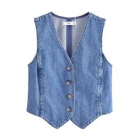 Chaqueta Sin Mangas de Denim Azul de Moda Collantillo en Línea Retro con Cuello en V - details 1