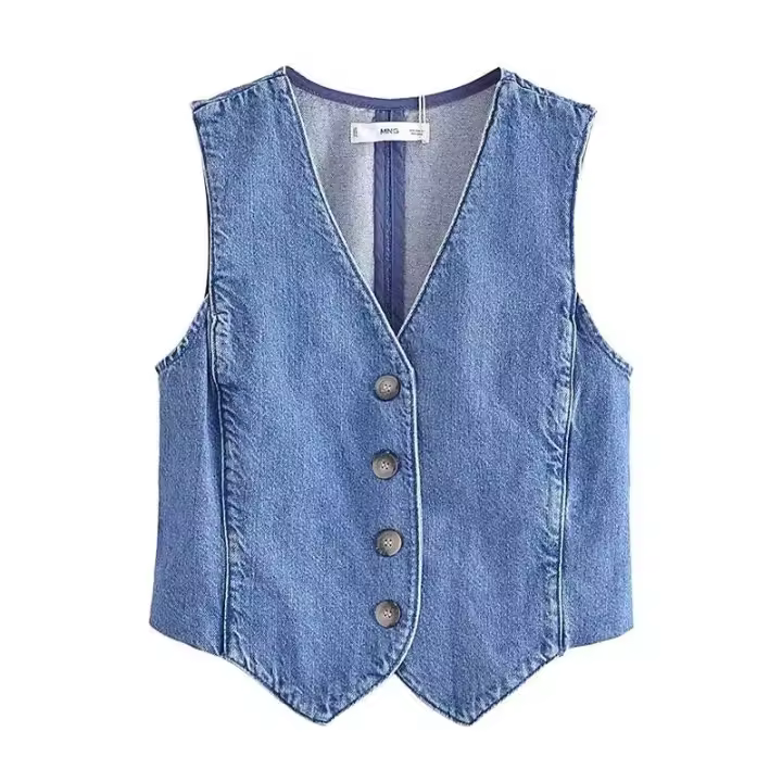 Chaqueta Sin Mangas de Denim Azul de Moda Collantillo en Línea Retro con Cuello en V - 1