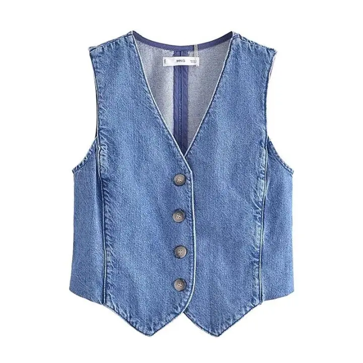Chaqueta Sin Mangas de Denim Azul de Moda Collantillo en Línea Retro con Cuello en V - 1