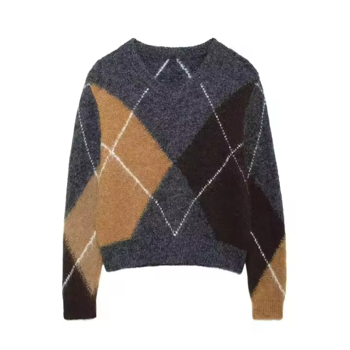 TRAFZA-suéter de manga larga con estampado a cuadros para Mujer, Jersey informal elegante con cuello en V, Otoño e Invierno - 1