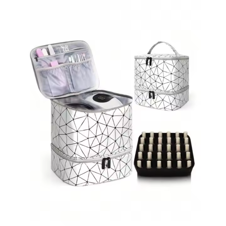 Bolsa portátil para uñas de doble capa, organizador de viaje, bolsa multifuncional para esmaltes y aceites esenciales, material PU, estilo moda. - 1