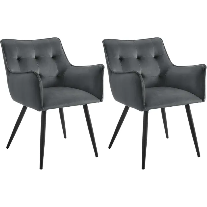 2x Sillas de Comedor Moderna, Sillas de Cocina con Respaldo y Reposabrazos, Silla Ergonómica Tapizada en Terciopelo, Estructura de Metal, para Cocina, Salón y Dormitorio, Gris oscuro, BH374dgr-2 - 1