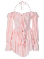 Vestido Mini de Verano 2024 Sexy Elegante con Mangas de Flecos Color Puro Sin Lazos - details 8