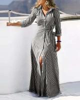 Vestido camisero para mujer, manga 2023, cuello vuelto, con cordones, estampado, Vestidos largos informales de moda de otoño - details 6