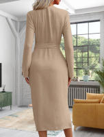 Vestido de viaje para mujer, solapa de Color sólido, cintura con cordones, temperamento - details 5