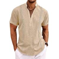Blusa de algodón para hombre, camiseta informal de manga corta con cuello Henley, color caqui, blanco y azul, talla grande 3XL y 2XL - details 4