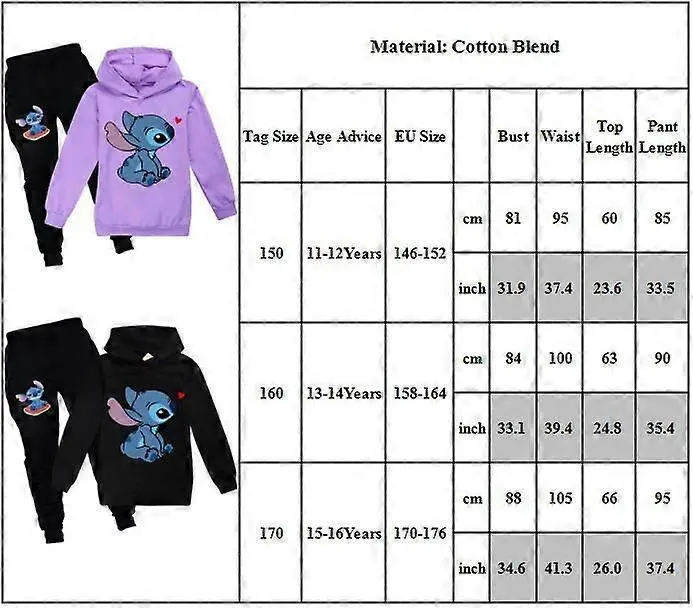 Niños Niños Niñas Lilo y Stitch Sudaderas con capucha Sudadera Pantalones largos Conjunto de chándal con capucha Conjunto de 11-16 añosY BSSM - 1