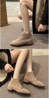 Botas de mujer Otoño e Invierno botas cortas de estilo británico Color sólido gamuza puntiagudas con cordones tacón grueso botas de gran tamaño - details 7