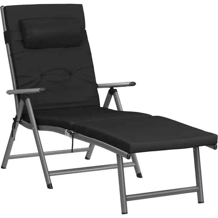 Larga, baño Sol con colchón 6 cm Grosor, Aluminio antióxido, Transpirable, reclinable, Carga máxima 150 kg, Negro - 1