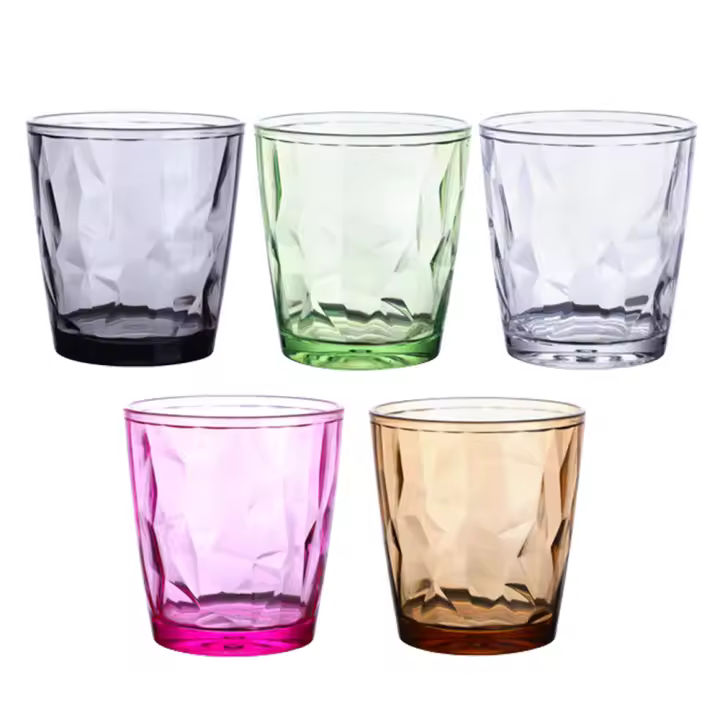 5 vasos de agua para uso doméstico, de PC, para restaurante, para bebidas y zumos, en marrón, gris, verde, transparente y rosa. - 1
