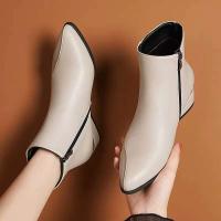 Nuevas botas nude de cuero puntiagudas para mujer con cremallera lateral y tacón cuadrado para mayor calidez, chaqueta cómoda y sólida multifuncional - details 6