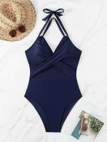 Elegante Traje de Baño Monokini de Colores Sólidos Cuello Halter para Mujeres Malla de Parche - details 10
