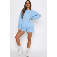 Wind Conjunto de pantalones cortos y sudadera con cuello redondo informal holgado de Color puro para mujer - details 44