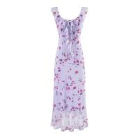 Vestido largo de gasa con volantes, cordón y estampado francés estilo retro de verano, entallado, ideal para vacaciones. - details 3