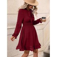 Vestido midi de manga larga con cuello en V para mujer, elegante y bonito, moderno, de color sólido, lujoso. - details 1