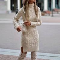 Nuevo vestido de mujer 2023 con cuello, manga larga, tejido grueso y elegante, envuelto en una torsión de pierna alta para otoño e invierno - details 4