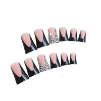 24 Uds., punta de uña de pico de pato francés con diamantes de imitación, uñas artificiales de resina negra desnuda para decoración de manos - details 0