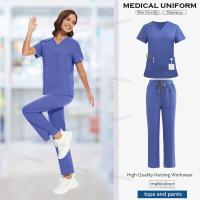 Ropa de trabajo, conjuntos de uniformes elásticos, uniforme de enfermera, uniforme médico para mujer, conjuntos de pantalones rectos de manga corta con cuello en V - details 13