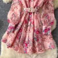 Vestido corto con estampado de wer para mujer, moda de primavera 2024, manga larga acampanada, botones de perlas con muescas, Mini Vestidos de fiesta con cinturón - details 14