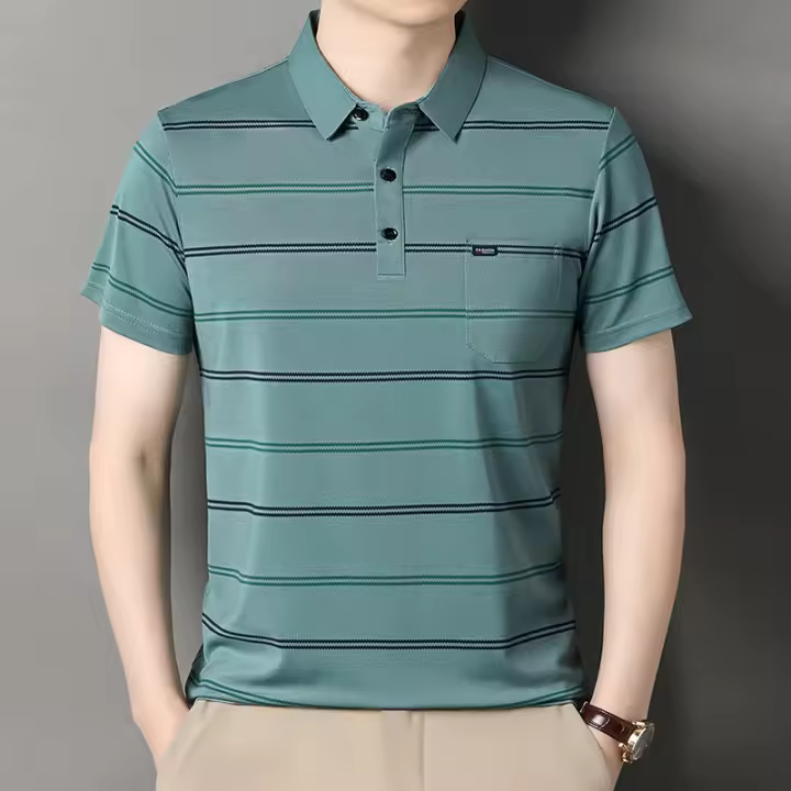 Novedad de verano, camiseta de manga corta para hombre, moda a rayas, solapa informal, bolsillo real, polo para mediana edad y ancianos - 1