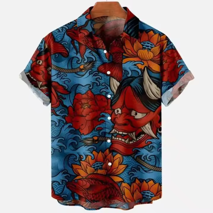 Camisa hawaiana de manga corta holgada y transpirable con estampado 3D de terror del diablo para hombre para el verano de 2022 - 1