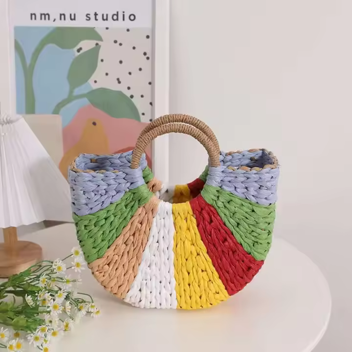 Artículo vendedor caliente azul verde multicolor tejido a mano raya ratán verano mano playa bolso de mano para mujer de moda - 1