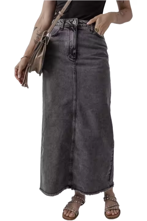 Elrachen Falda larga de mezclilla con dobladillo crudo y abertura trasera de cintura alta para mujer, gris oscuro, tallas S-XL - 1