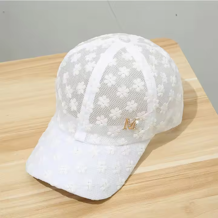 Gorra de béisbol con flores para mujer, informal, ajustable, coreana, para exteriores, con visera de encaje, sombrero de malla - 1