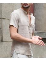 Lino de Camisas de Manga Corta para Hombre, Camisas de Verano con Bolsillo, Hawaiana, Playa, Cuello Mao, transpirables, informales - details 2