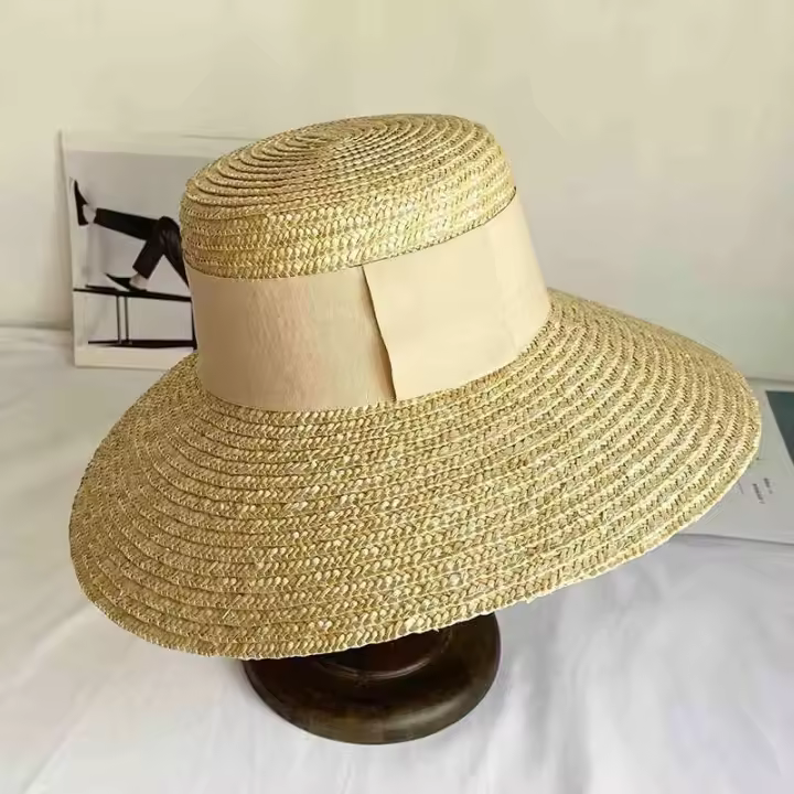 Sombreros anchos de diseño para mujer, sombrero de playa de iglesia de verano con cinta de paja recortada de grosgrain, hecho a mano - 1