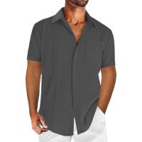 Camisa de algodón y lino de manga corta para hombre, casual, de color sólido, con encaje, de Mov Summer. - details 2