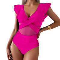 New Clashing One-piece Swimming Costume Small Fly Sleeve Bikini Women Quick Dry Sports Deep V Cross Hollow One-piece Swimsuit - details 33