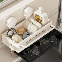Soporte para esponja y plato con ventosa de aluminio espacial, estante de drenaje para fregadero impermeable sin perforaciones, a prueba de polvo con bandeja de agua - details 6