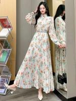 2024 nueva primavera otoño mujeres cuello con volantes manga cinturón ajustado largo dulce plisado dobladillo grande vestido de gasa ral - details 4