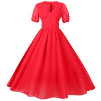 V neck women summer solid lantern short sleeve chiffon elegant vintage long party dress - details 25
