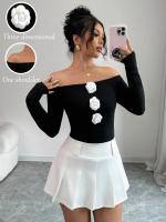 Nueva camiseta de mujer de manga larga con flores en 3D, sin tirantes, de un solo cuello, ajustada - details 0