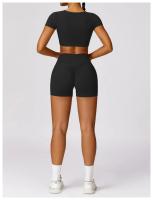 Conjunto de mallas de yoga, top, conjunto deportivo Fiess de manga corta, material de nailon para mujer, patrón sólido adaptable para primavera/verano - details 26