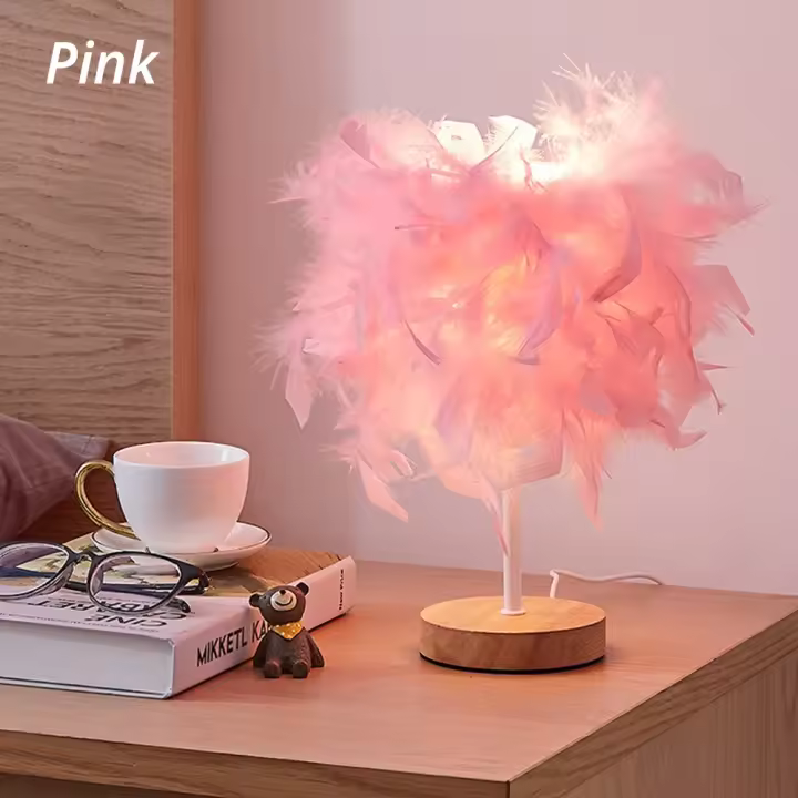 Lámpara LED de mesa pequeña y cálida, pluma creativa romántica nórdica, Sala de bodas, dormitorio de niña roja, linterna de noche, luz de lectura nocturna - 1