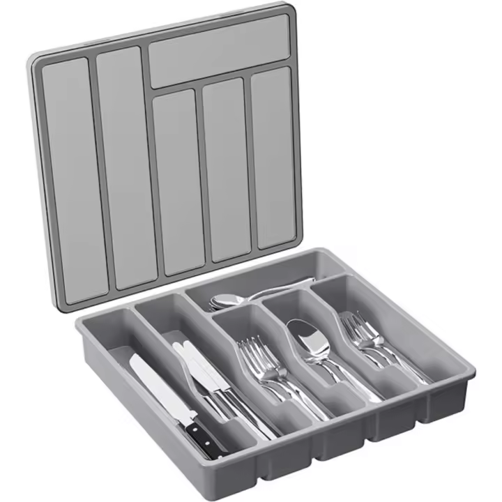 Organizador de cubiertos de plástico con tapa, caja de almacenamiento de cubiertos, bandeja de armario, bandeja de utensilios cubiertos - 1